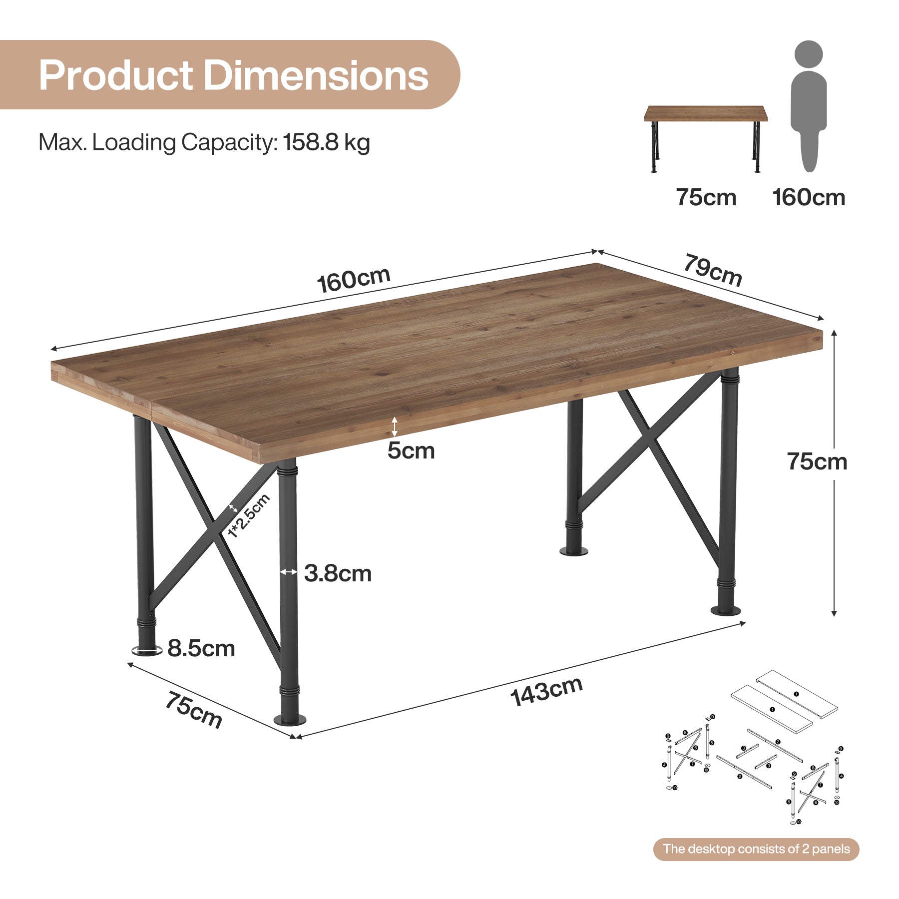 Massief houten eettafel 160 × 80 cm voor 4–6 personen, rechthoekige eettafel met X-vormig metalen frame