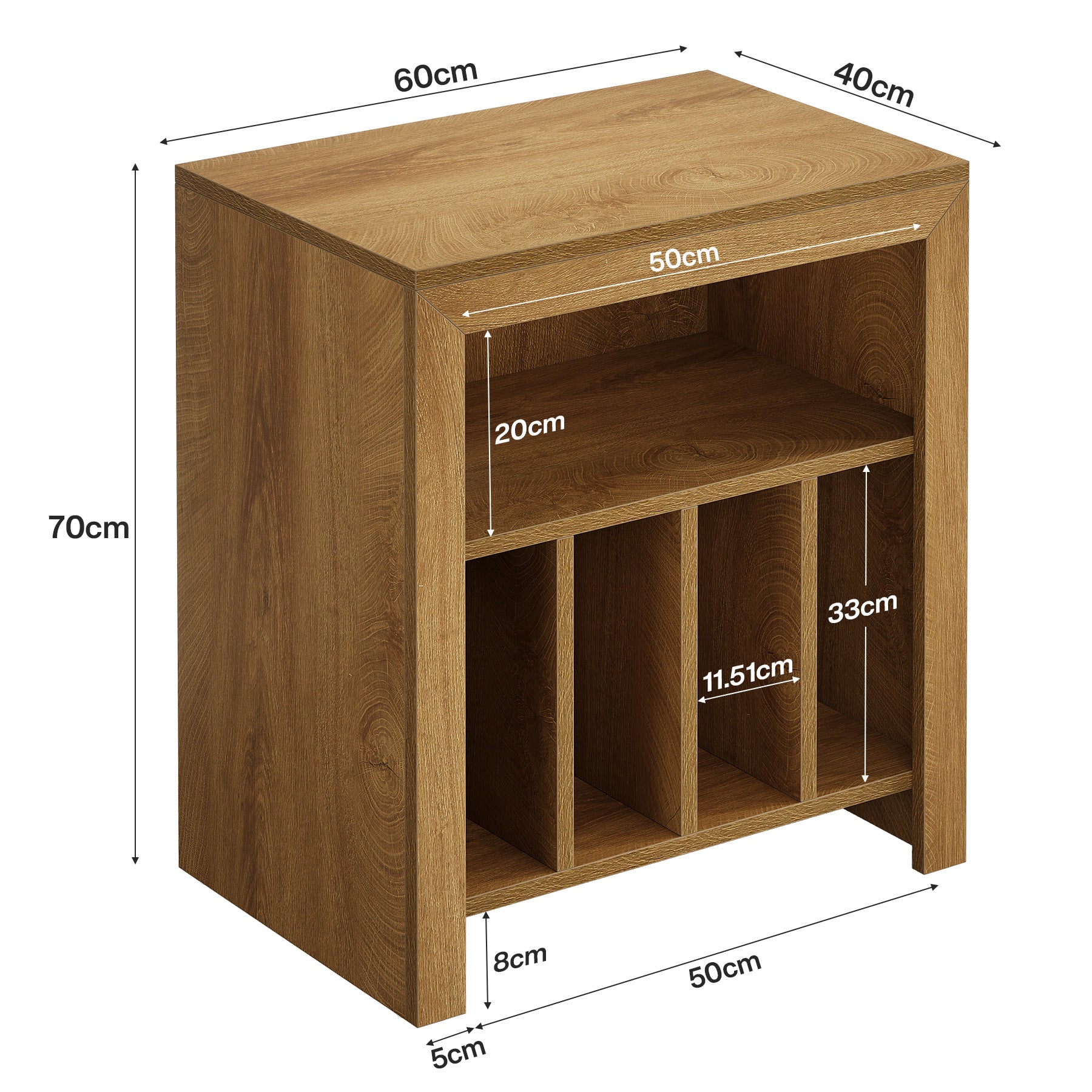 60 cm Vinylplaten Bijzettafel met 3 Etages, Industrieel Opbergmeubel in Rustiek Bruin