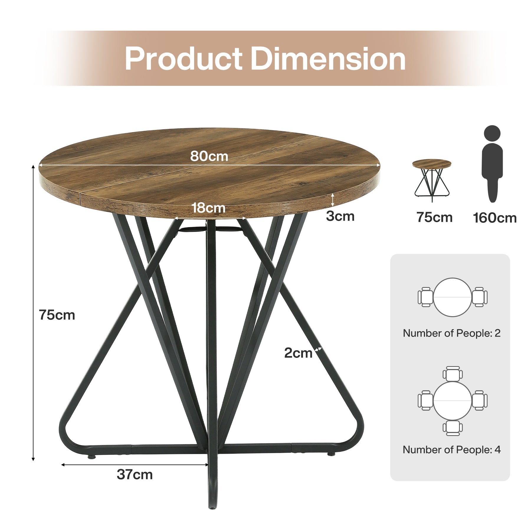 Tribesigns Ronde eettafel 80 cm voor 2–4 personen, kleine keukentafel met geometrisch metalen frame