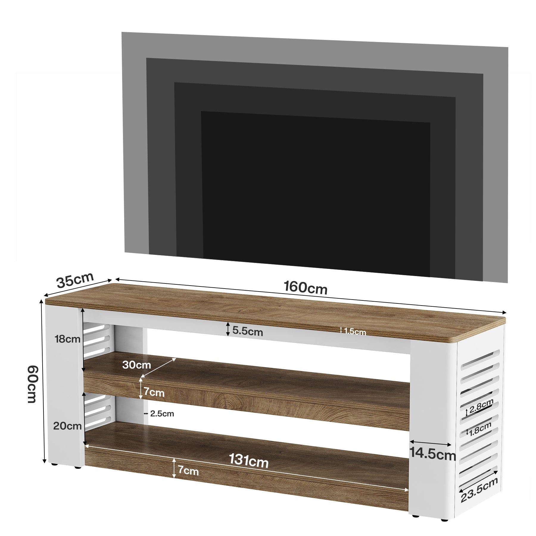 160 cm TV-meubel voor tv's tot 75 inch, 3-laags tv-dressoir met opbergruimte en stijlvolle lattenpanelen aan de zijkanten