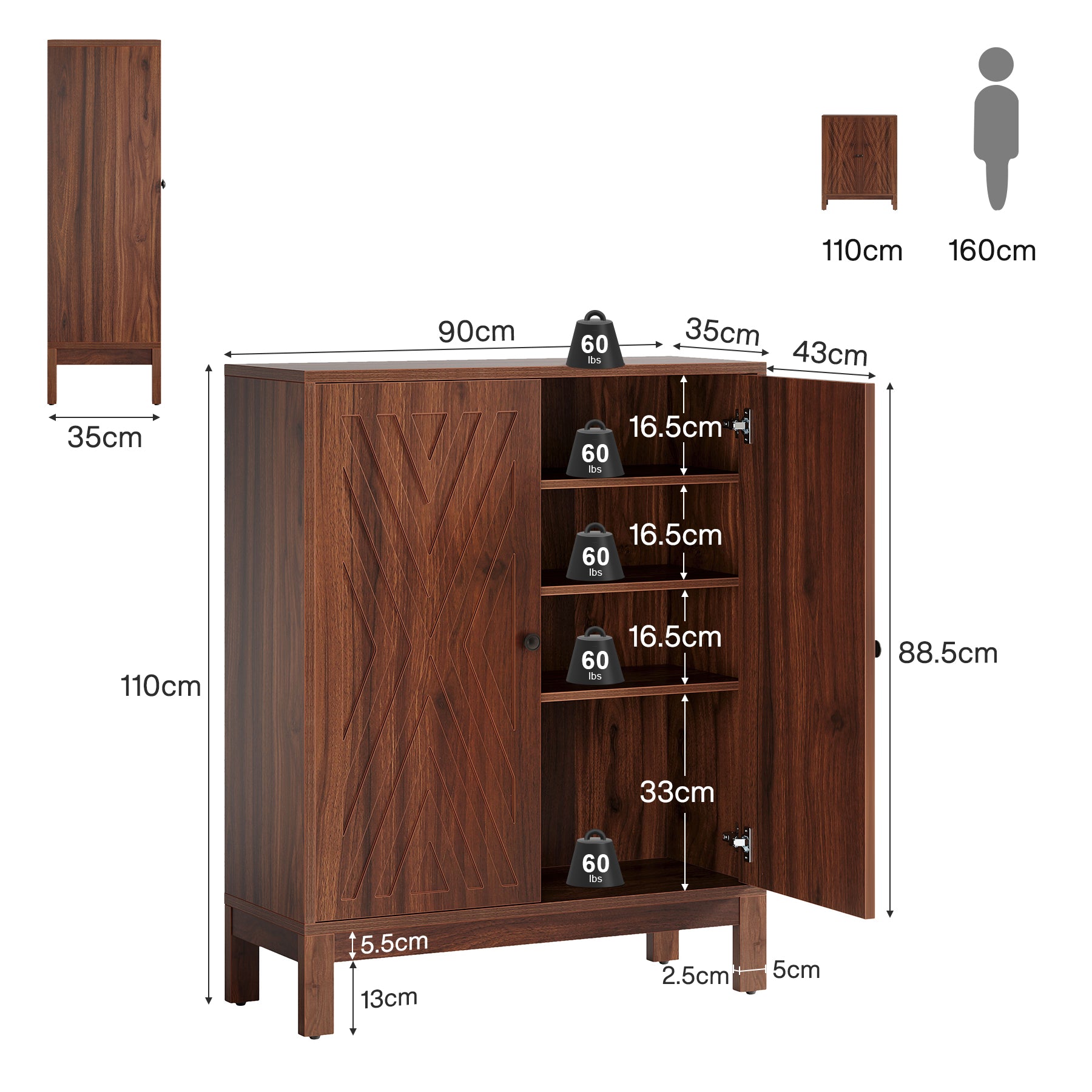 110 cm Schoenenkast met Verstelbare Planken, Vrijstaand Schoenenrek voor Hal of Woonkamer