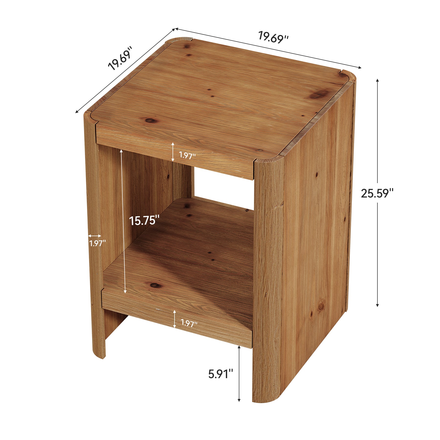 50 cm Bijzettafel met 2 Niveaus en Opbergrek, Massief Houten Tafel voor Woonkamer en Slaapkamer