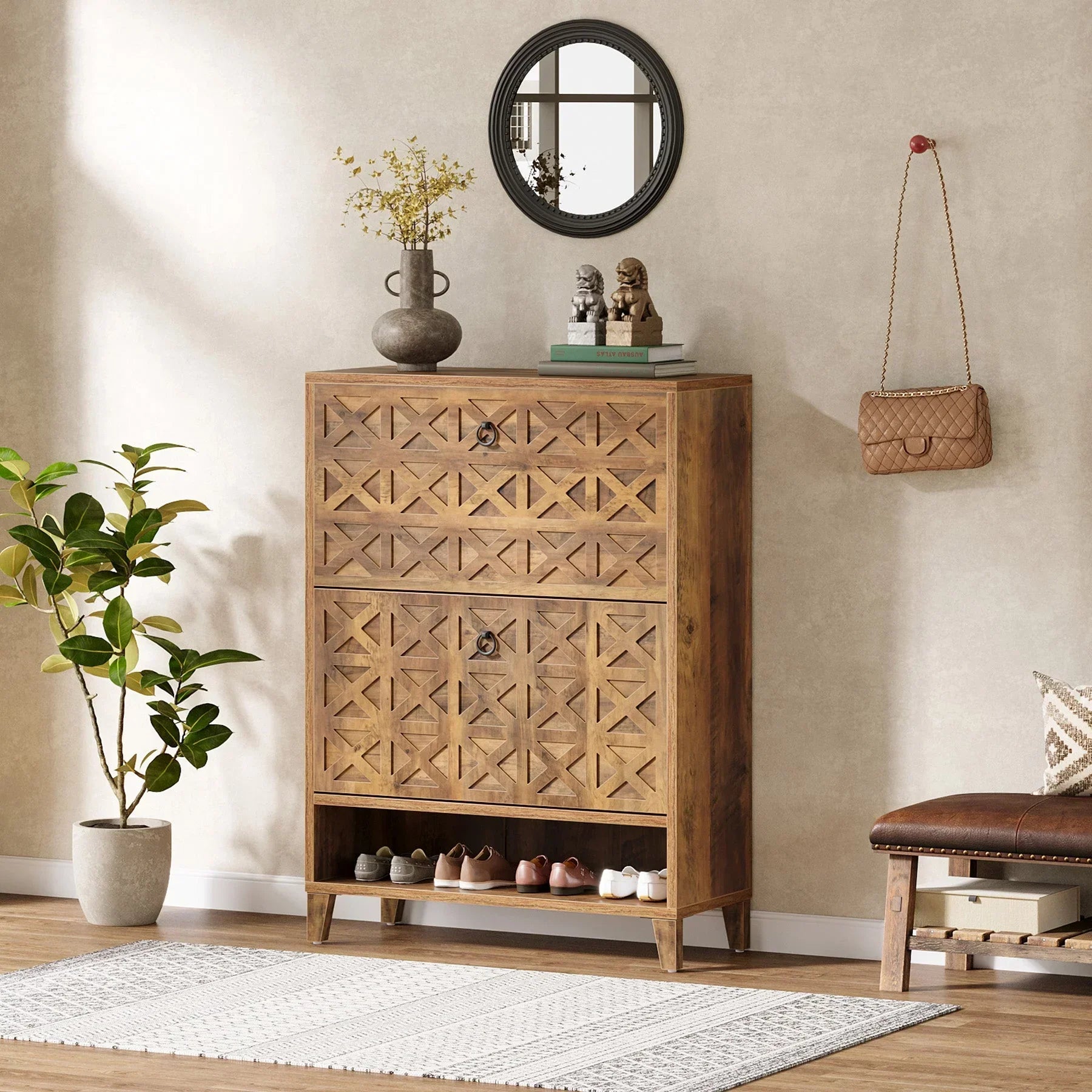 Schoenenkast met twee klapladen 80×24×110 cm, compacte opbergkast voor hal en woonkamer