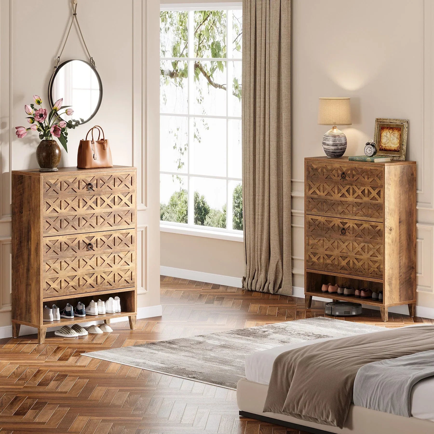 Schoenenkast met twee klapladen 80×24×110 cm, compacte opbergkast voor hal en woonkamer