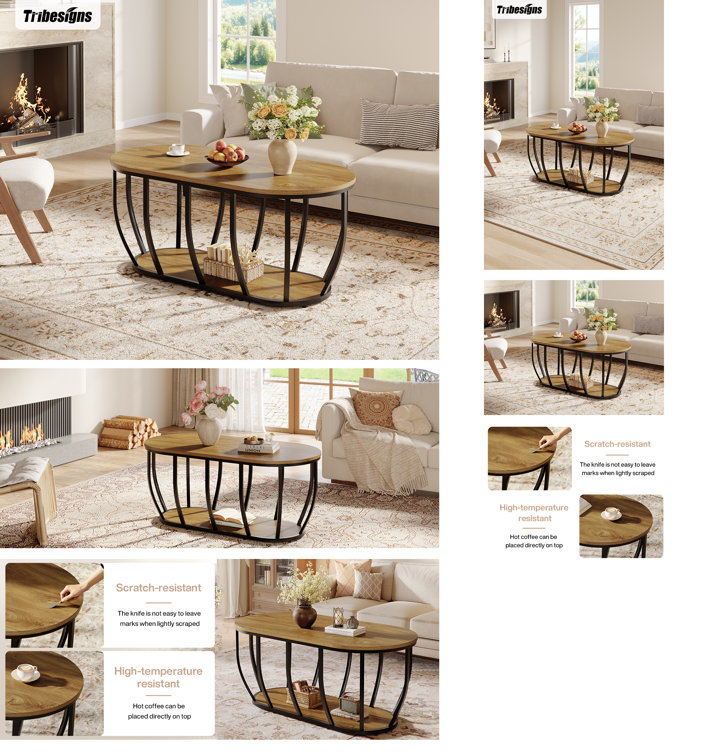 Tribesigns 120 cm Ovale Industriële Salontafel met 2-lagen Opbergruimte